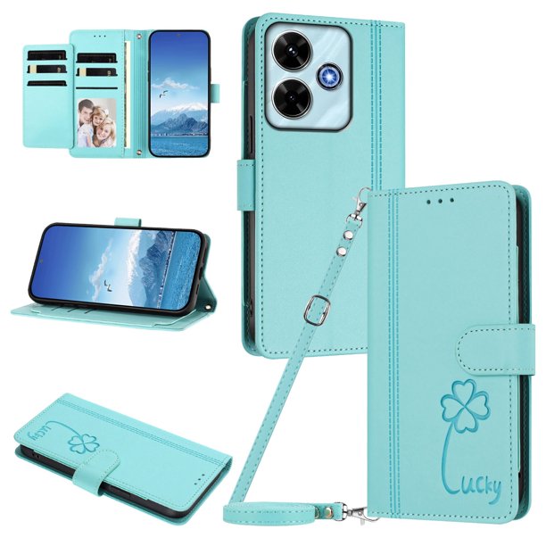Funda Cartera Trébol para Xiaomi Poco M6 4G con Ranuras Tarjetas y Carga Inalámbrica Verde menta