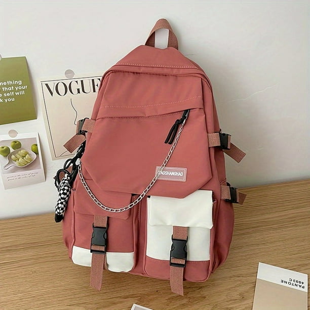 Preppy Style Student School Bag: Color Contrast Flap Laptop Backpack for Casual Travel