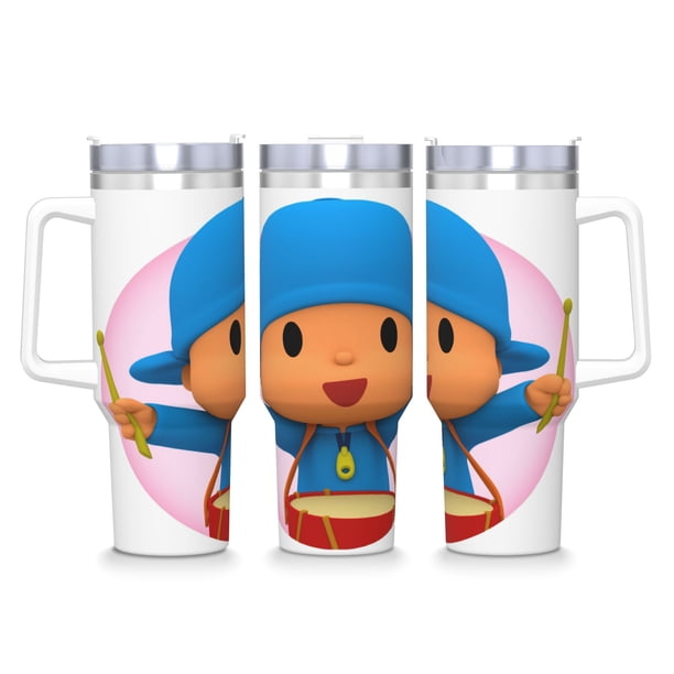 POCOYO Vaso aislado de acero inoxidable con asa, diseño temático, regalo para familia, amigos y fans; incluye pajita y encaja en el portavasos estándar, 40 oz