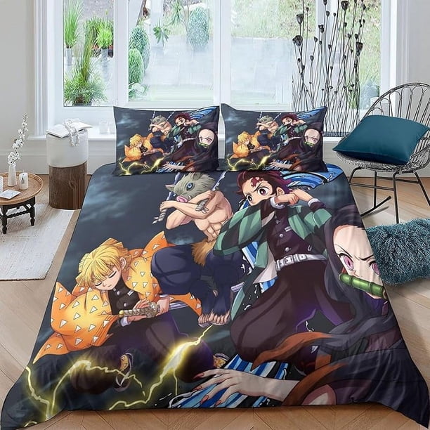 Gerrit- Zeni-tsu Aga-tsuma -Cute Bed Duvet Cover- Demon Anim-e Slayer Beddin-g Sets 3D Pr-inted Lig-htweight 3 Piece Com-forter Sets 1 Du-vet Cover and 2 Pillo-w Shams for Ki-ds Boys Girls Twin