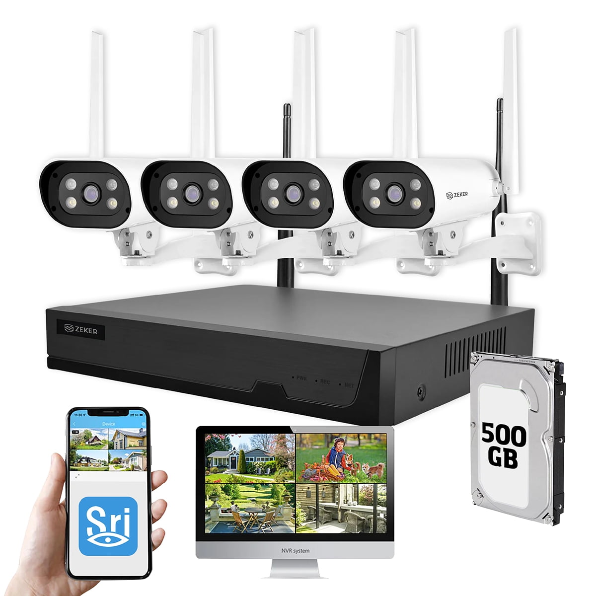Kit Nvr Camaras Zeker Seguridad 1080p Fhd + Disco Duro 500gb