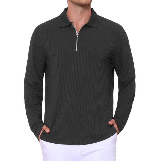INSPIRE CHIC Camisas Polo Texturizadas para Hombre de Manga Larga con Cremallera Cuarto para Golf Talla S Negro