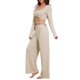 thumbnail image 4 of Conjunto de pijama de 3 piezas para mujer, top corto con tirantes finos, cárdigan corto de manga larga, pantalones de pierna ancha con corte y lazo cruzado, ropa de dormir grande caqui, 4 of 6