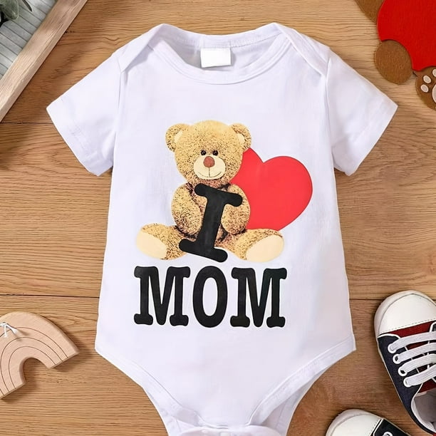 Baby Boys And Girls Cute "I Love Mom" Bear Short Sleeve Onesie Clothes