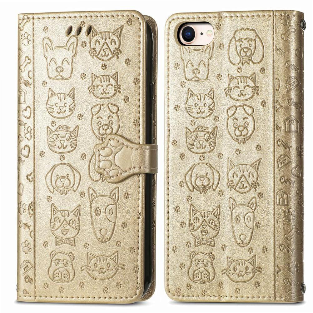 Funda Cartera Foxdock Para Iphone 8/7 , Flip Pu Con Relieve De Gatos Y Perros, Tarjetero Y Soporte