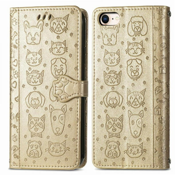Funda Cartera FOXDOCK para iPhone 8/7 , Flip PU con Relieve de Gatos y Perros, Tarjetero y Soporte