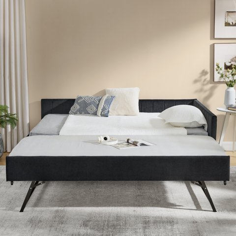 M&Ms - Full Size Daybed With Trundle Upholstered Tufted Sofa Bed, Sofa Bed Frame With Comfortable Backrest And Armrests, Velvet, Black(79.5''X58''X25'')
