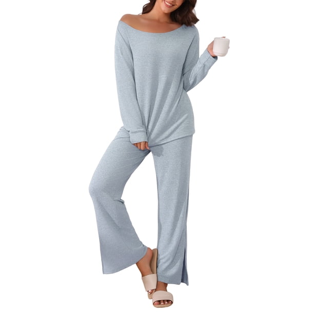 INSPIRE CHIC Conjunto de salón de punto acanalado para mujer con hombros descubiertos, pijama de 2 piezas de manga larga con pantalones de abertura lateral M Azul