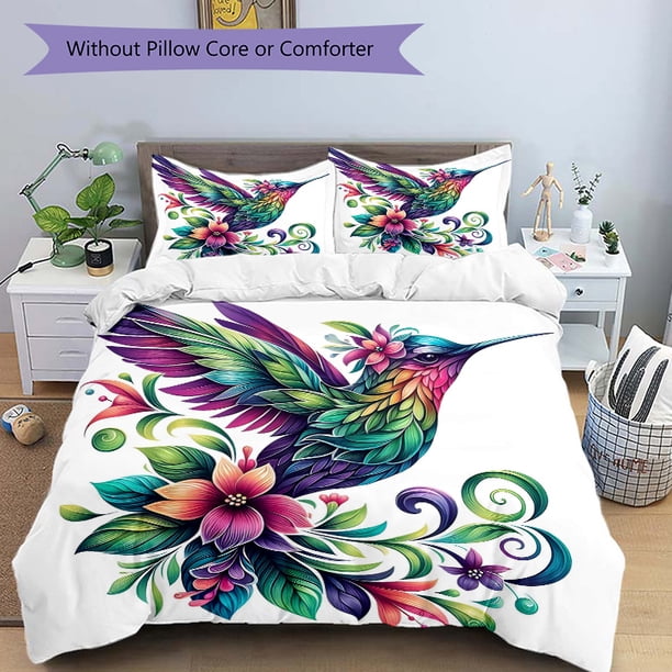 Bedding Featuring a Vibrant Hummingbird Design with Floral Wings Including 1 Duvet Cover And 2 Pillowcases This Printed Bedding Is Soft And Cozy Perfect for Bed