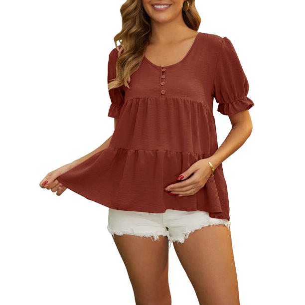 INSPIRE CHIC Blusas de Maternidad para Mujeres Boho con Volantes Cuello en V Botón Manga Corta Camisas en Capas Sueltas y Holgadas Tops Casuales 2XL Marrón