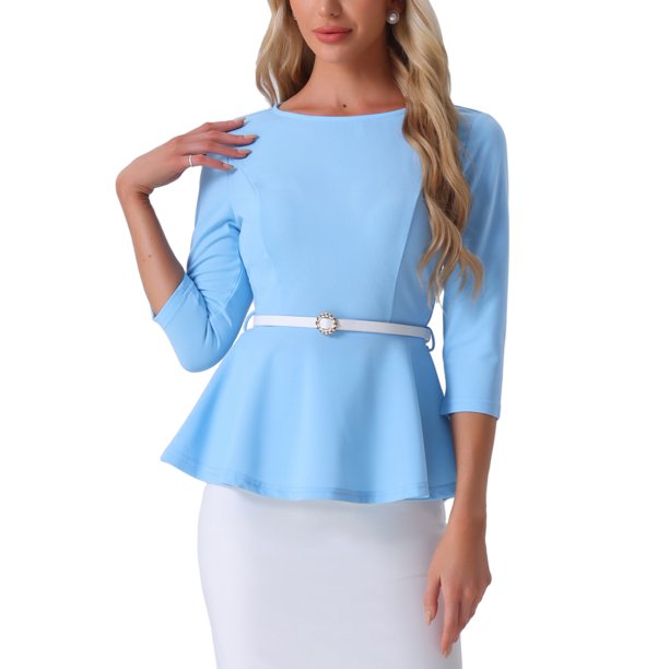INSPIRE CHIC Blusas Peplum para Mujeres Conjunto de Regreso a Clases para Maestras Manga 3/4 Blusa Elegante de Trabajo con Cinturón L Azul Cielo