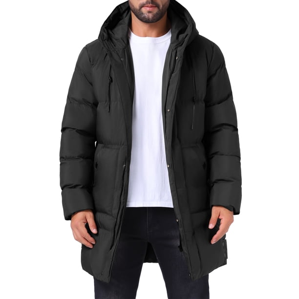 INSPIRE CHIC Chaqueta Acolchada con Capucha para Hombre de Longitud Media Abrigo Cálido con Cremallera de Invierno L Negro
