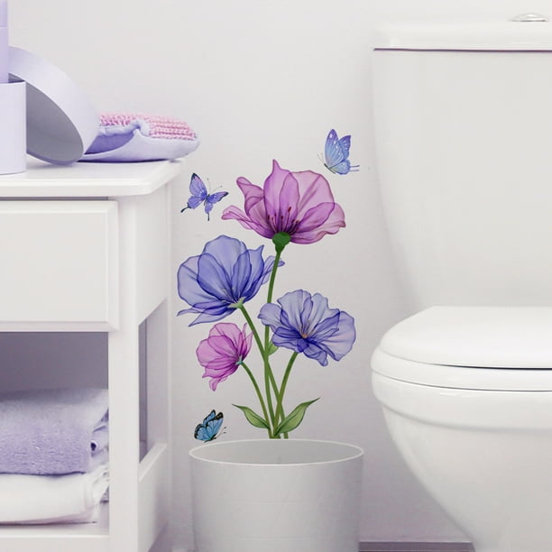 1pc, Floral Flower Butterfly Toilet Wall Sticker Bathroom Decoration Wall Sticker Peel And Stick Wall Art Decor Removable PVC Garden Decal For Kids Room
