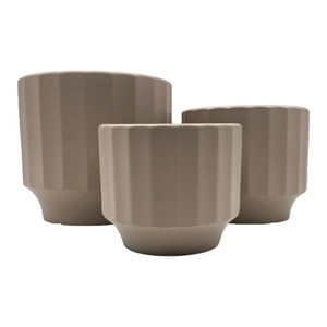 Fliperex - Set 3 Macetero Maceta De Ceramica Beige Lineas Verticales Beige