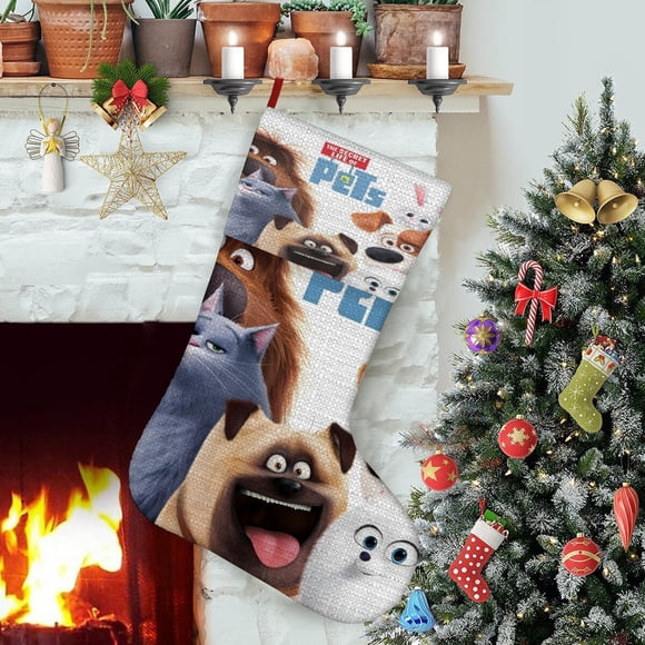 La Vida Secreta de tus Mascotas Tema: Calcetines de Navidad, fino lino blanco para colgar en escaleras y chimenea, decoración navideña para el hogar, regalo de Navidad. 45cm × 32cm