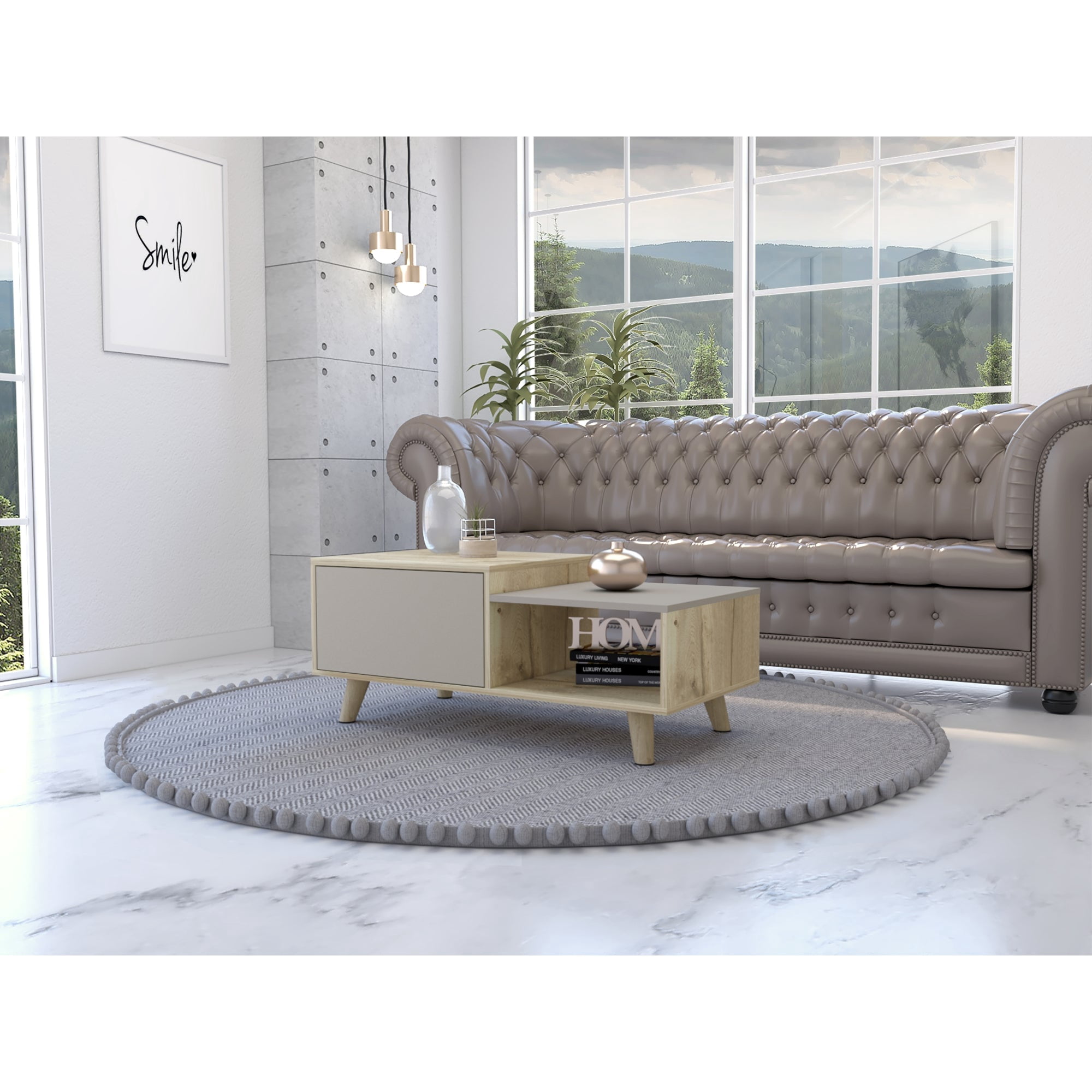 Tuhome - Mesa De Centro 2 Puertas Bora 41,6x100x50 Cm Duna Y Taupe