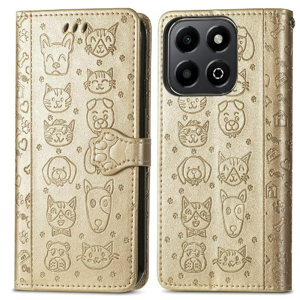 Funda Cartera FOXDOCK para Honor 200 Smart , Flip PU con Relieve de Gatos y Perros, Tarjetero y Soporte