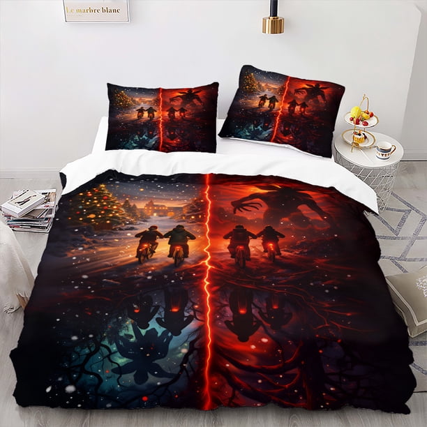 Duvet Cover Set Black with a Double-sided Motorcycle Riding Starry Sky and Lightning Pattern Suitable for Bedroom Bedding Decoration