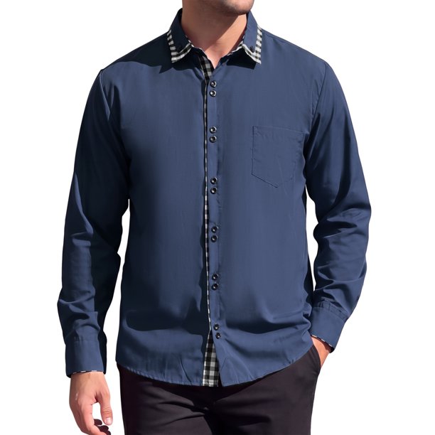 INSPIRE CHIC Camisa de Vestir para Hombre de Manga Larga con Botones y Cuello de Cuadros en Contraste L Azul Marino