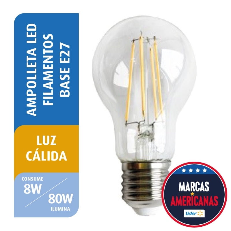 Great Value - Ampolleta Led Filamento 8W A60 Luz Cálida Base E27