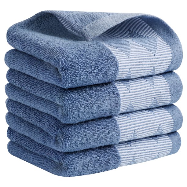 REGALWOVEN Toalla de Mano con Patrón de Diamante, Toallas Faciales Suaves de Algodón Grueso Absorbente para Spa, Baño, Gimnasio, Cocina Azul 4 Piezas