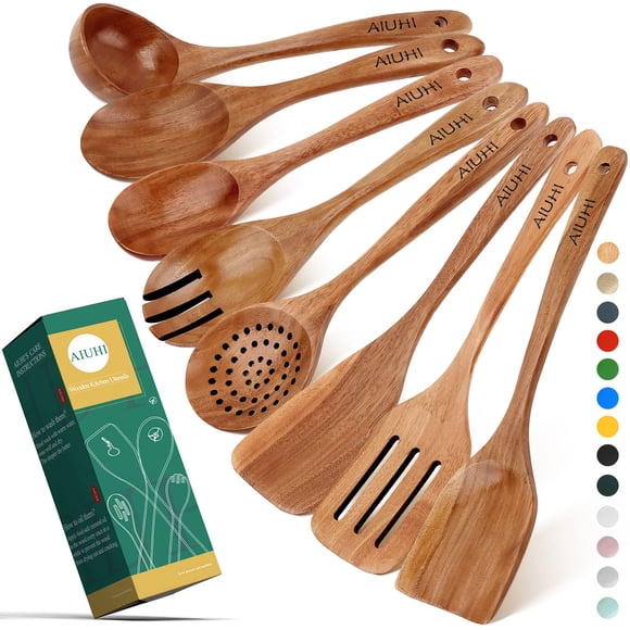 Cucharas de cocina de madera AIUHI antiadherentes de madera de teca, paquete de 8