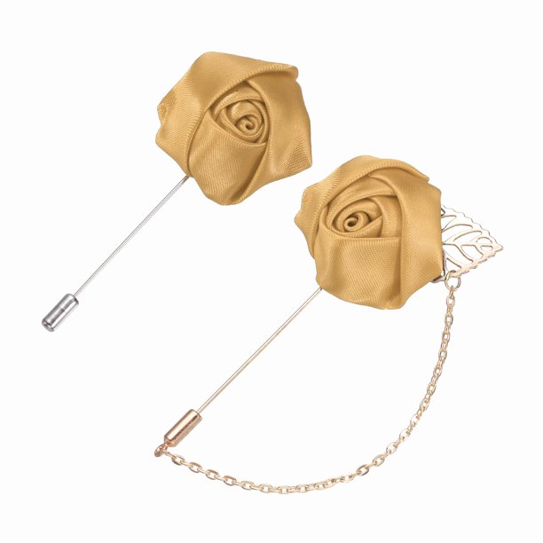 Alfiler de solapa de flor de rosa Uxcell para hombres, kit de broche de rosa de tela de 2 estilos con cadena de borla de hoja dorada, insignia de satén