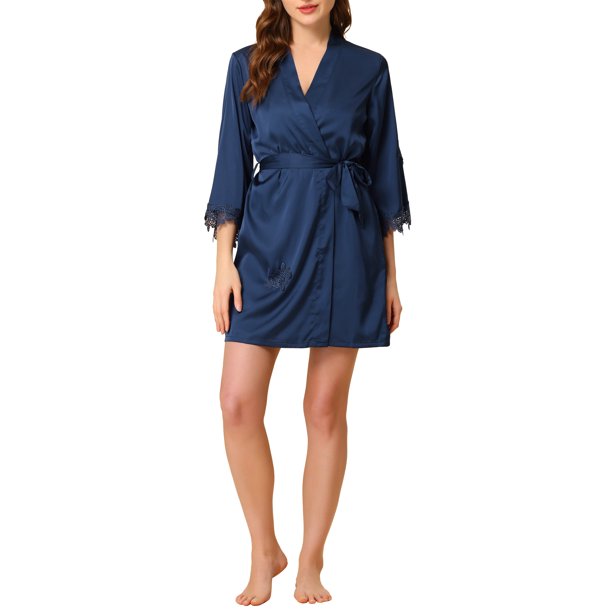 Conjunto de Pijama de Satén para Mujer INSPIRE CHIC con Ribete de Encaje Camisón y Bata 2 Piezas Ropa de Dormir con Manga 3/4 Loungewear S Azul