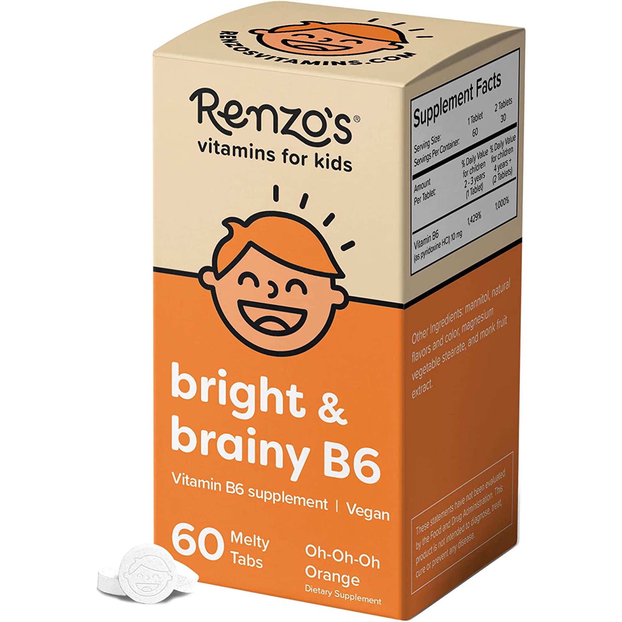 60 Tabletas Derretidas Con Vitamina B6 Renzo's Bright & Brainy Para Niños
