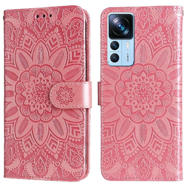 Funda tipo cartera FOXDOCK para Xiaomi 12T , diseño girasol en relieve, cuero PU, cierre magnético, soporte y tarjetero
