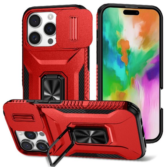 Funda Armada para iPhone 16 Pro Max con Tapa Deslizante y Soporte Magnético Giratorio Rojo