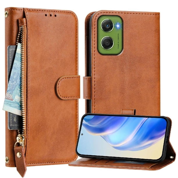 Funda Billetera Cremallera para Motorola Moto G06 4G con Porta Tarjetas, Soporte y Correa Marrón
