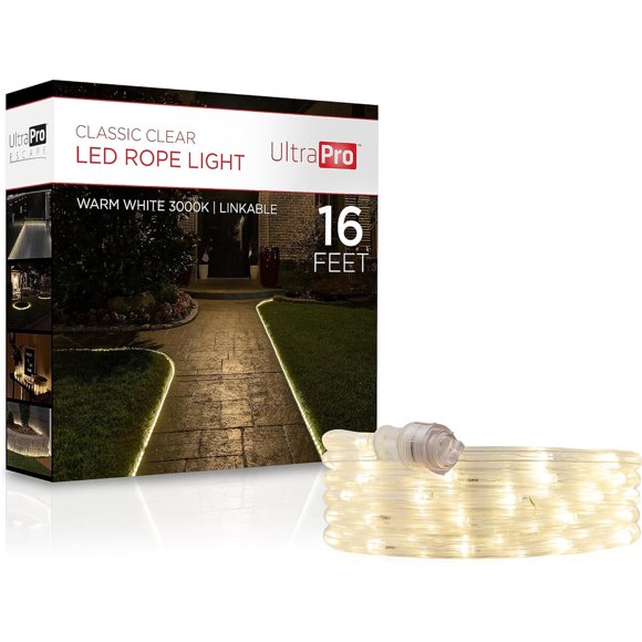 UltraPro 16 Foot LED Rope Lights, Clear Rope, Warm White 3000K