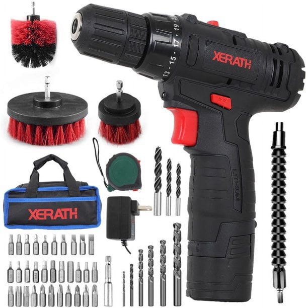 KAPAS Kit de Taladro/atornillador Inalámbrico, Juego de Taladro de 48 Pzas Cepillos de Batería de Iones de Litio Cinta Métrica - Taladro Máximo de 12V Torque de 280 In-lb, Embrague de Metal 18+1,