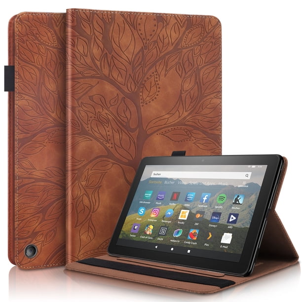 Funda con relieve del Árbol de la Vida para tablet Fire HD8(2022) con soporte, ranuras para tarjetas y soporte para lápiz óptico. Marrón