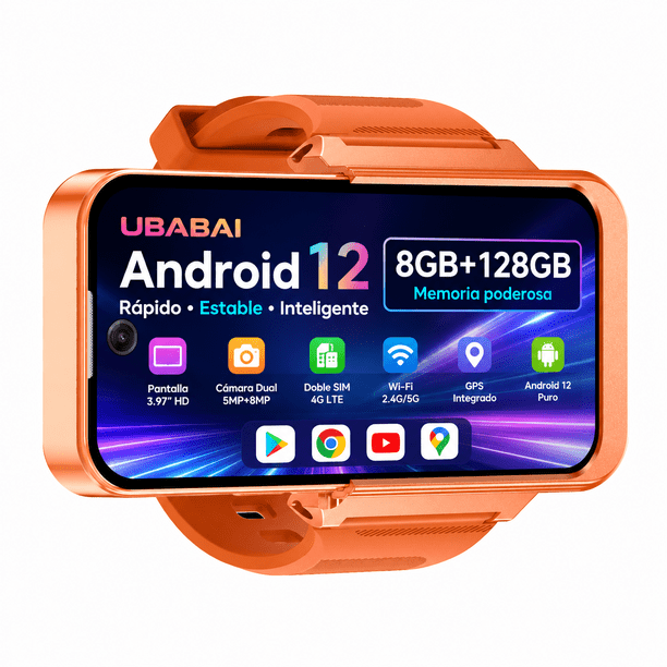 Smartwatch Teléfono UBABAI Android 12 4G LTE, 3.97" 8GB RAM + 128GB Dual SIM GPS Cámara Dual WiFi Naranja