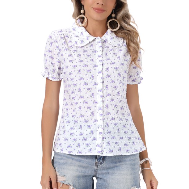 INSPIRE CHIC Camisa Impresa de Manga Abullonada con Cuello Peter Pan y Botones para Mujer de Regreso a Clases Púrpura M