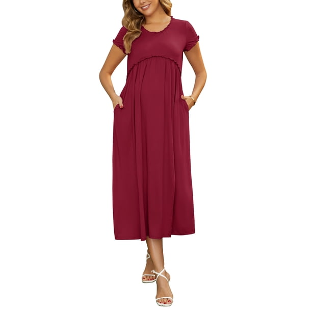 INSPIRE CHIC Vestido de maternidad para el Día de la Madre de mujer, maxi, mangas cortas, con pliegues y volantes, para sesión de fotos, casual, fluido, verano 2026, 2XL, rojo