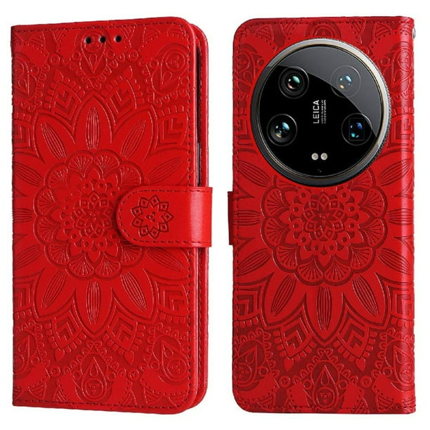 Funda tipo cartera FOXDOCK para Xiaomi 14 Ultra , diseño girasol en relieve, cuero PU, cierre magnético, soporte y tarjetero