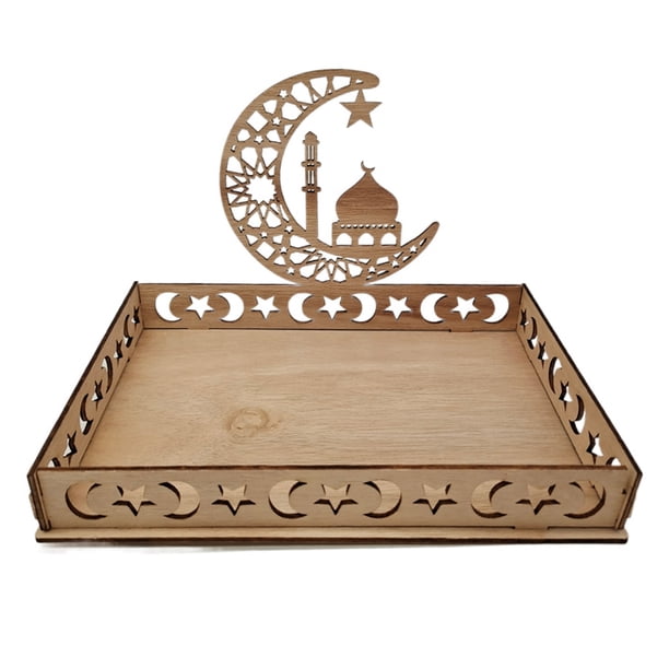 Bandeja Eid Mubarak, plato decorativo de madera para mesa Eid Mubarak, bandeja para postres y pasteles para decoración de Ramadán, ideal para fiestas islámicas, dulces, pasteles y galletas.