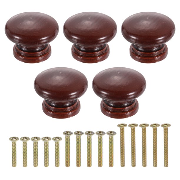 Uxcell 5 Paquete de Pomos Redondos de Madera para Cajones, 1.3" x 1.02" Pomos Redondos para Gabinetes Forma de Champiñón Superficie Pintada Pomos de Madera con Tornillos para Muebles, Marrón Oscuro