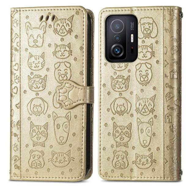 Funda Cartera FOXDOCK para XIAOMI 11T Pro , Flip PU con Relieve de Gatos y Perros, Tarjetero y Soporte
