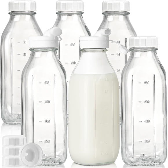 Botellas de vidrio para leche Syntic de 1 L con tapa hermética, paquete de 6 + accesorios
