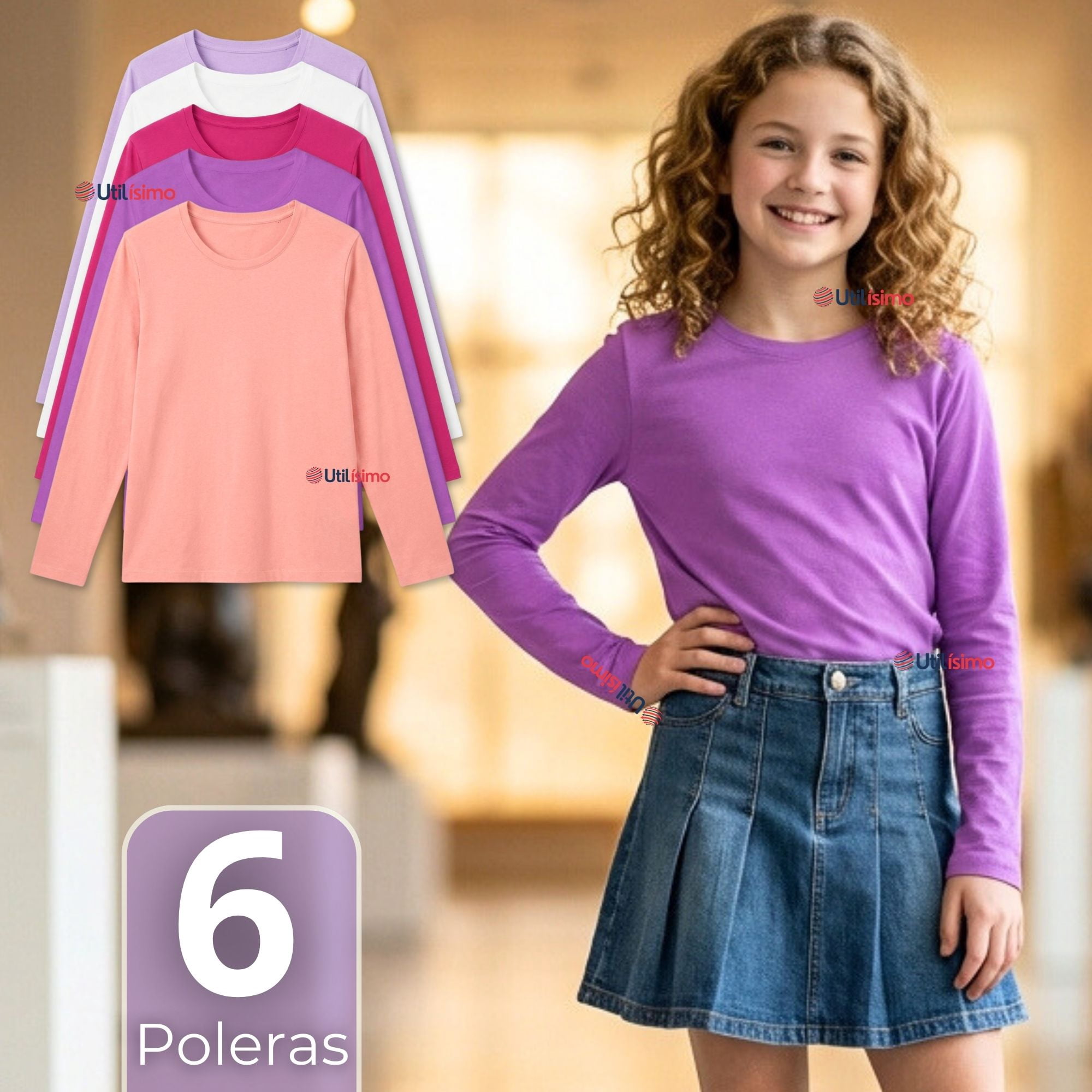 Utilisimo - Pack 6 Poleras Camisetas Polar Primera Capa Cuello Redondo Manga Larga Colores Surtido Niña