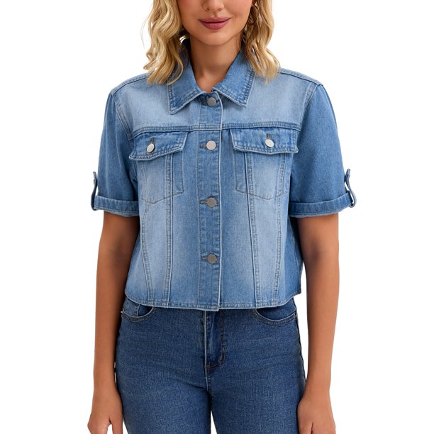 INSPIRE CHIC Chaqueta de Jean Recortada de Manga Corta con Cuello Abierto Casual de Denim para Mujer de Regreso a Clases 2XL Azul