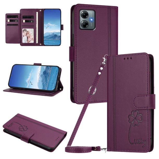Funda Cartera Trébol para Motorola Moto G Play 2025 con Ranuras Tarjetas y Carga Inalámbrica Violeta