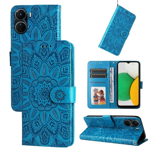 Funda tipo cartera FOXDOCK para Vivo Y16 4G , diseño girasol en relieve, cuero PU, cierre magnético, soporte y tarjetero