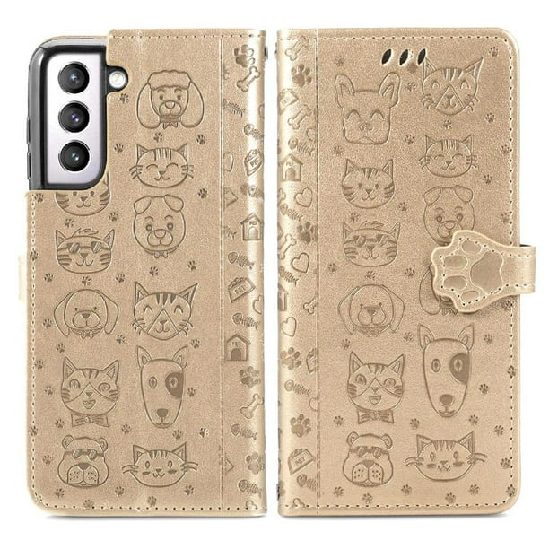 Funda Cartera FOXDOCK para Samsung Galaxy S22 , Flip PU con Relieve de Gatos y Perros, Tarjetero y Soporte