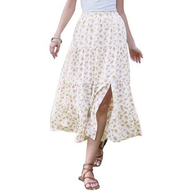 INSPIRE CHIC Falda Maxi Flowy para Mujer Verano Elástica de Cintura Alta Casual A-Line Faldas Largas S Beige