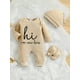 thumbnail image 3 of Infant Casual Outfit - "Hi I'm New Here" Long Sleeve Romper & Hat & Gloves Baby Boys And Girls 4pcs Set Clothes, 3 of 5